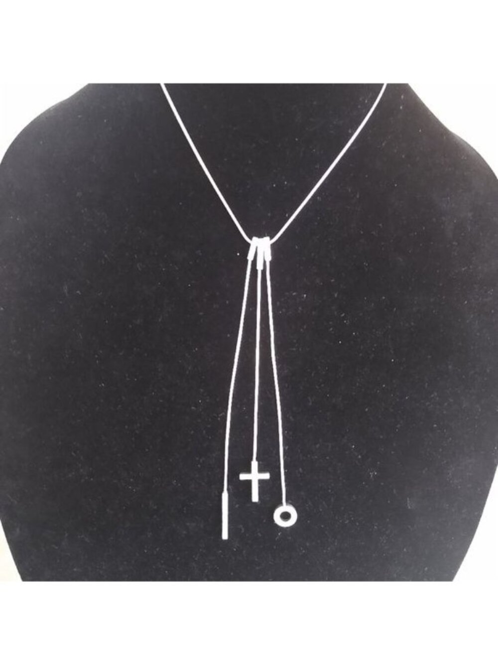 Sterling Silver Contemporary Y Necklace  with CZs accenting Bar, Cross, + Open O